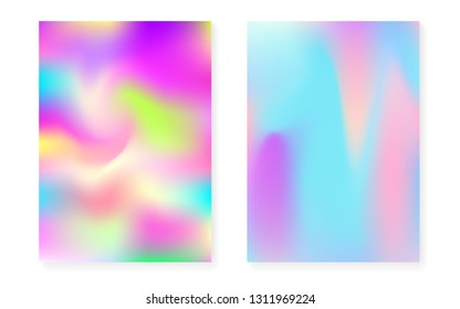 Holographic cover set with hologram gradient background. 90s, 80s retro style. Iridescent graphic template for placard, presentation, banner, brochure. Colorful minimal holographic cover.