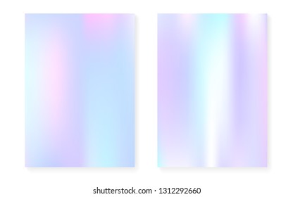 Holographic cover set with hologram gradient background. 90s, 80s retro style. Pearlescent graphic template for book, annual, mobile interface, web app. 
