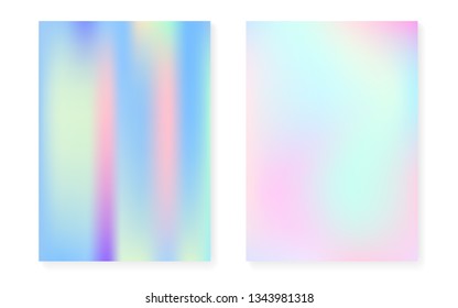 Holographic cover set with hologram gradient background. 90s, 80s retro style. Iridescent graphic template for flyer, poster, banner, mobile app. Neon minimal holographic cover.