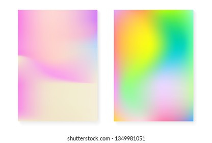 Holographic cover set with hologram gradient background. 90s, 80s retro style. Iridescent graphic template for brochure, banner, wallpaper, mobile screen. Futuristic minimal holographic cover.