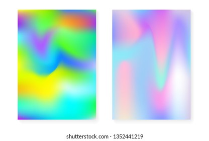 Holographic cover set with hologram gradient background. 90s, 80s retro style. Pearlescent graphic template for brochure, banner, wallpaper, mobile screen. Fluorescent minimal holographic cover.