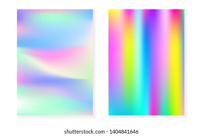 Holographic cover set with hologram gradient background. 90s, 80s retro style. Iridescent graphic template for book, annual, mobile interface, web app. Vibrant minimal holographic cover.
