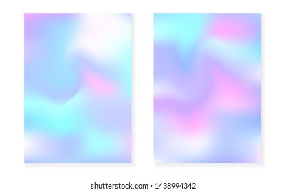 Holographic cover set with hologram gradient background. 90s, 80s retro style. Iridescent graphic template for flyer, poster, banner, mobile app. Plastic minimal holographic cover.