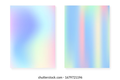 Holographic cover set with hologram gradient background. 90s, 80s retro style. Pearlescent graphic template for brochure, banner, wallpaper, mobile screen. Rainbow minimal holographic cover.