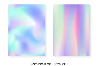 Holographic cover set with hologram gradient background. 90s, 80s retro style. Pearlescent graphic template for book, annual, mobile interface, web app. Bright minimal holographic cover.