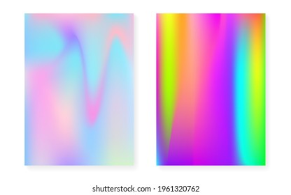 Holographic cover set with hologram gradient background. 90s, 80s retro style. Iridescent graphic template for book, annual, mobile interface, web app. Fluorescent minimal holographic cover.