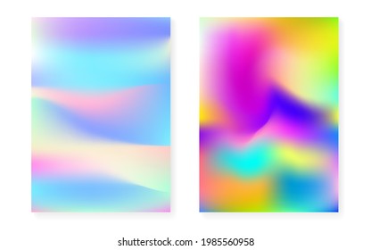 Holographic cover set with hologram gradient background. 90s, 80s retro style. Pearlescent graphic template for brochure, banner, wallpaper, mobile screen. Spectrum minimal holographic cover.