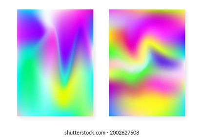 Holographic cover set with hologram gradient background. 90s, 80s retro style. Iridescent graphic template for book, annual, mobile interface, web app. Futuristic minimal holographic cover.