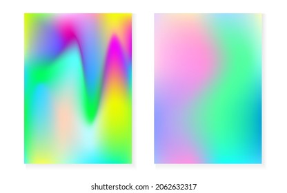 Holographic cover set with hologram gradient background. 90s, 80s retro style. Iridescent graphic template for placard, presentation, banner, brochure. Stylish minimal holographic cover.