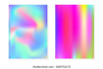 Holographic cover set with hologram gradient background. 90s, 80s retro style. Pearlescent graphic template for placard, presentation, banner, brochure. Stylish minimal holographic cover.