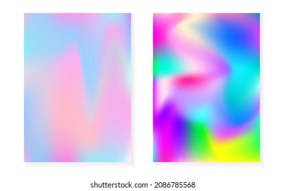 Holographic cover set with hologram gradient background. 90s, 80s retro style. Iridescent graphic template for book, annual, mobile interface, web app. Fluorescent minimal holographic cover.