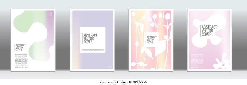 Holographic cover set. Minimal flyer on light background.  Fluid poster design.  Brochure foil design. Holographic backdrop. Stylish vector cover design.  Abstract gradient vintage texture.