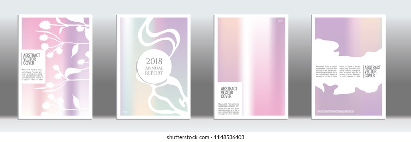 Holographic cover set. Minimal flyer on light background.  Liquid design. Brochure template design. Holographic backdrop. Stylish vector cover design.  Abstract gradient vintage texture.