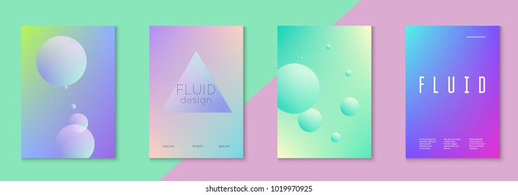 Holographic cover set with radial fluid. Geometric shape on gradient background. Modern hipster template for placard, presentation, banner, flyer, brochure. Minimal holographic cover in neon color