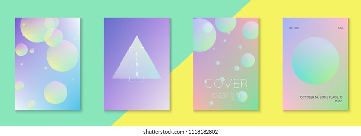 Holographic cover set with radial fluid. Geometric shape on gradient background. Trendy hipster template for placard, presentation, banner, flyer, brochure. Minimal holographic cover in neon color