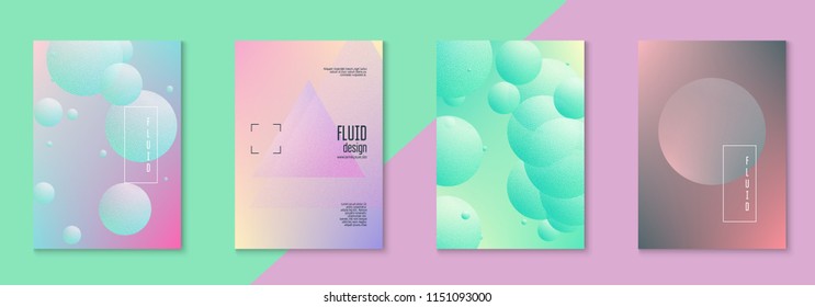 Holographic cover set with radial fluid. Geometric shape on gradient background. Trendy hipster template for placard, presentation, banner, flyer, brochure. Minimal holographic cover in neon color
