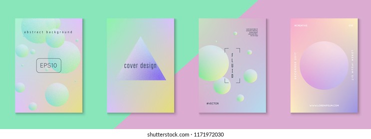 Holographic cover set with radial fluid. Geometric shape on gradient background. Modern hipster template for placards, banners, flyers, report, brochure. Minimal holographic cover in neon color