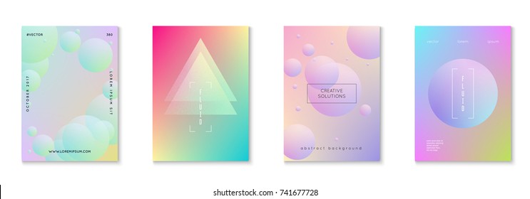 Holographic cover set with radial fluid. Geometric shapes on gradient background. Modern hipster template for placard, presentation, banner, flyer, brochure. Minimal holographic cover in neon colors.