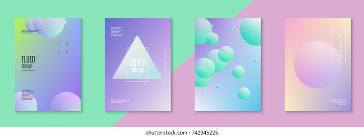Holographic cover set with radial fluid. Geometric shape on gradient background. Trendy hipster template for placard, presentation, banner, flyer, brochure. Minimal holographic cover in neon color