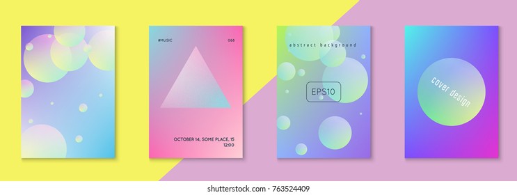 Holographic cover set with radial fluid. Geometric shape on gradient background. Modern hipster template for placards, banners, flyers, report, brochure. Minimal holographic cover in neon color