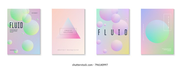 Holographic cover set with radial fluid. Geometric shapes on gradient background. Modern hipster template for placard, presentation, banner, flyer, brochure. Minimal holographic cover in neon colors.