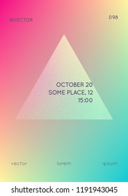 Holographic cover with triangle fluid. Geometric shapes on gradient background. Modern hipster template for placard, presentation, banner, flyer, brochure. Minimal holographic cover in neon colors.