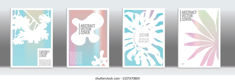 Holographic cover. Tropical flyer on rainbow background.  Fluid poster design.  Brochure template design. Holo backdrop. Stylish vector cover design.  Abstract gradient vintage texture.