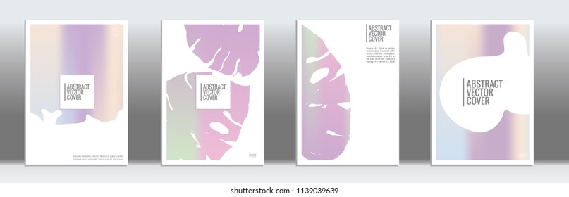 Holographic cover. Tropical flyer on rainbow background.  Liquid design. Brochure foil design. Holo backdrop. Stylish vector cover design.  Abstract gradient retro texture.