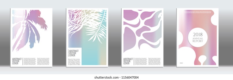 Holographic cover. Tropical flyer on rainbow background.  Liquid design. Brochure template design. Holo backdrop. Stylish vector cover design.  Abstract gradient retro texture.