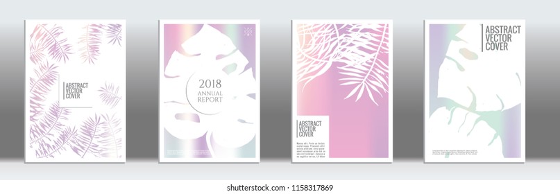 Holographic cover. Tropical flyer on rainbow background.  Liquid design. Brochure template design. Holographic backdrop. Stylish vector cover design.  Abstract gradient vintage texture.