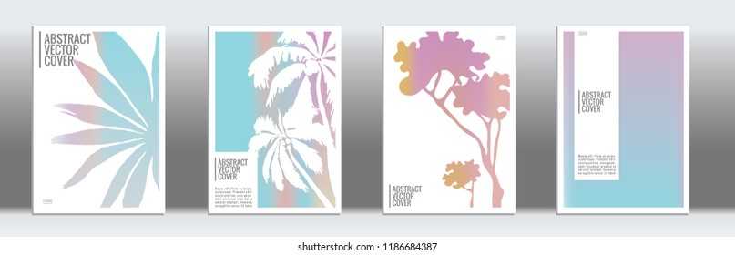 Holographic cover. Tropical flyer on rainbow background.  Fluid poster design.  Brochure template design. Holographic backdrop. Stylish vector cover design.  Abstract gradient vintage texture.