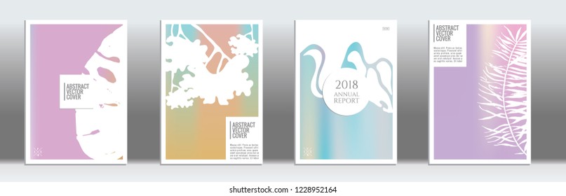 Holographic cover. Tropical flyer on rainbow background.  Liquid design. Brochure template design. Holo backdrop. Stylish vector cover design.  Abstract gradient retro texture.