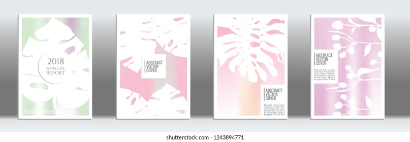 Holographic cover. Tropical flyer on rainbow background.  Fluid poster design.  Brochure foil design. Holographic backdrop. Stylish vector cover design.  Abstract gradient retro texture.