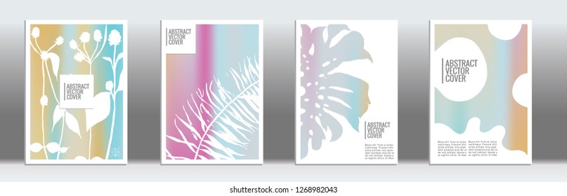 Holographic cover. Tropical flyer on rainbow background.  Liquid design. Brochure template design. Holo backdrop. Stylish vector cover design.  Abstract gradient vintage texture.