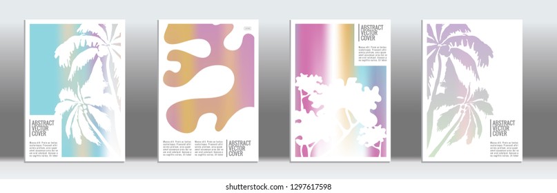 Holographic cover. Tropical flyer on rainbow background.  Fluid poster design.  Brochure foil design. Holographic backdrop. Stylish vector cover design.  Abstract gradient retro texture.