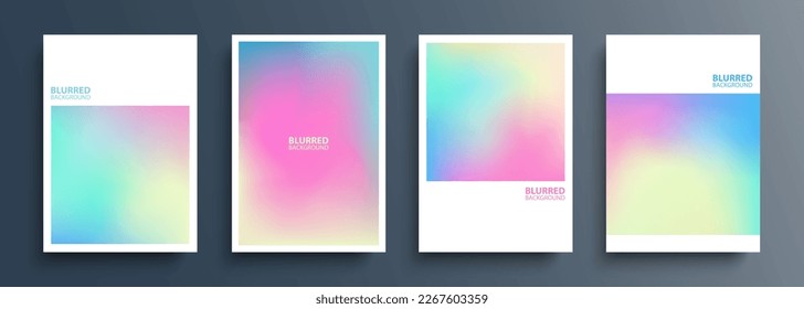 Portadas holográficas. Conjunto de fondos borrosos con gradientes de color suave y claro. Colección de plantillas gráficas para folletos, carteles, volantes y tarjetas. Ilustración vectorial.