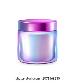 Holographic Cream Cosmetology Blank Bottle Vector. Shining Holographic Packaging For Creamy Cosmetic Product. Glossy Multicolor Glass Jar Container Template Realistic 3d Illustration