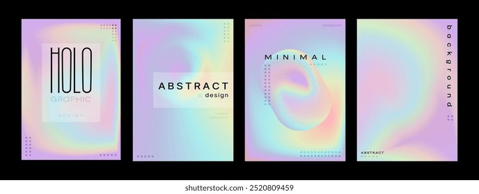 Holographic creative posters set. Gradient minimal iridescent foil graphic mesh. Minimalist backgrounds covers, wall art, print, banner set. Vector Holographic abstract cover collection
