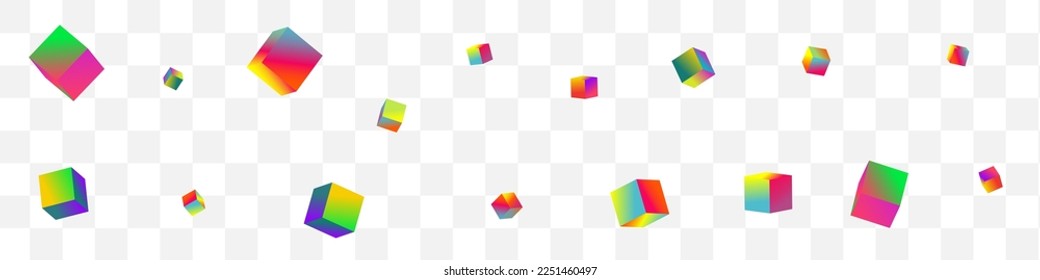 Holographic Cube Vector Transparent Panoramic Background. Iridescent Metal Polygon Brochure. Structure Block Image. Bright Confetti Geometric Wallpaper.