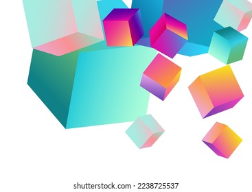 Holographic Cube Vector White Background. Gradient 3d Block Cover. Structure Polygon Brochure. Rainbow Confetti Perspective Template.