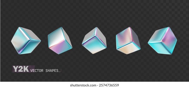 Holographic cubes set with iridescent chrome effect. Y2k metallic shape realistic collection.