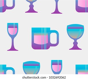 Holographic cups and glasses composition, vector seamless pattern.