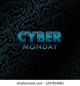 Holographic Cyber Monday banner. Circuit board pattern with blue neon texture. Vector illustration.