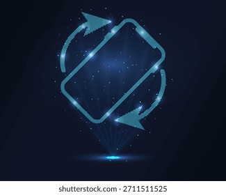 Icono de sincronización de datos holográficos: teléfono inteligente de estructura metálica azul con flechas circulares, proyectado a través de láser. Las partículas mejoran el efecto 3D. Ideal para App en la nube, sincronización de dispositivos, marca tecnológica y conectividad digital