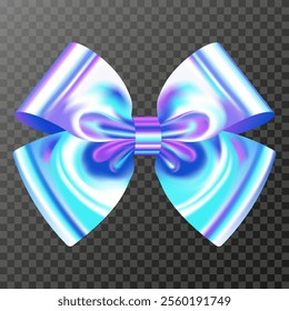 Holographic decorative bow for a gift, highlighted on a transparent background. Vector 3D element of festive decoration. Decorative elements for birthday, New Year, Christmas.