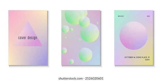 Diseño holográfico. Afiche vibrante. Anuncio creativo. Plantilla de círculo fluorescente. Ruido 3d Forma. Conjunto de triángulo de textura rosa. Cartel Abstractas. Diseño holográfico púrpura