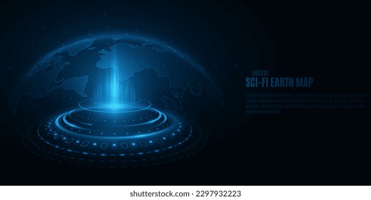 Holographic digital Earth map with futuristic HUD round. Glowing planet in Sci-fi style. Global network. Technological science background. Vector illustration. EPS 10