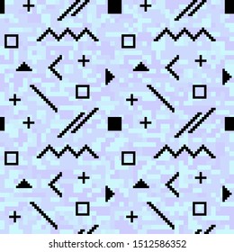 Holographic digital memphis seamless pattern. Abstract pixel background.1980 - 1990's fashion style, trendy neon colors, abstract geometric shape.