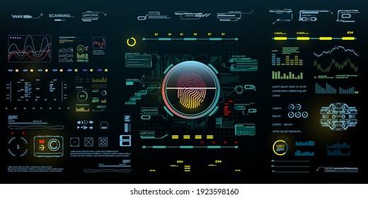 Holographic digital panel with biometric identification technology, fingerprint reader and automatic personal access authorization. HUD style interface