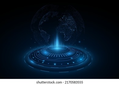 Holographic digital world globe with HUD round. Earth map hologram. Futuristic planet with light effects. Global network. Technological science background. Vector illustration. EPS 10